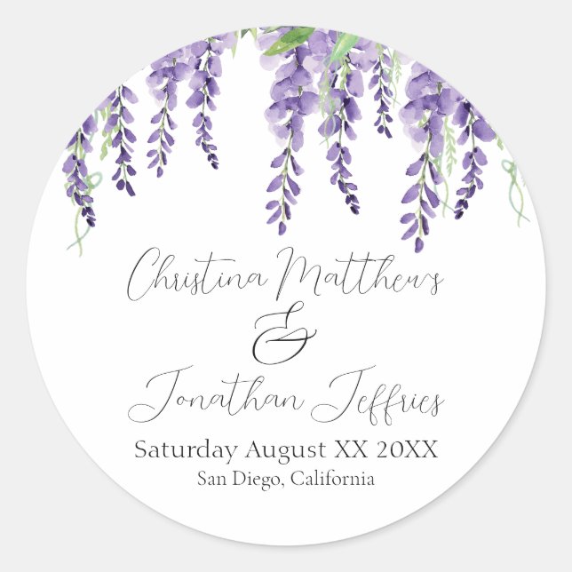Purple Wisteria Flowers on White Elegant Classic Round Sticker (Front)