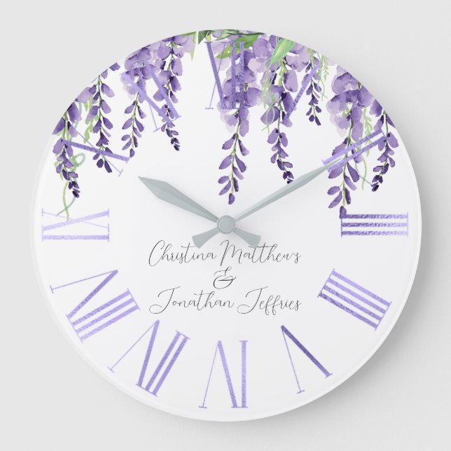 Purple Wisteria Flowers on White Elegant Large Clock (Front)