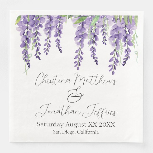 Purple Wisteria Flowers on White Elegant Napkin (Front)