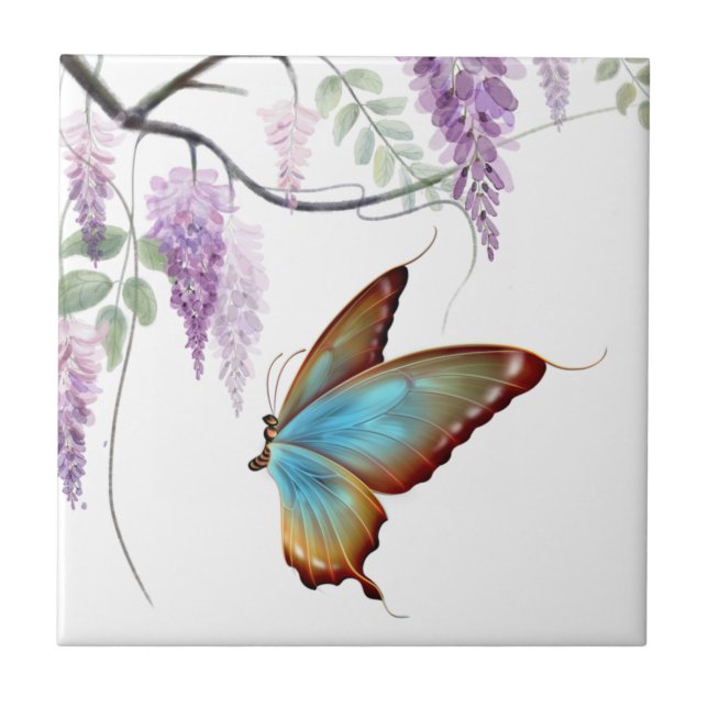 Purple Wisteria Flowy Flowers Butterfly Tile (Front)