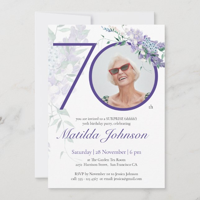 Purple Wisteria Photo Surpirse 70th Birthday Party Invitation (Front)