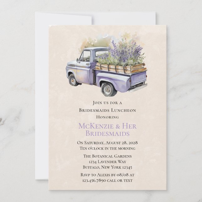 Purple Wisteria Vintage Truck Bridesmaids Luncheon Invitation (Front)