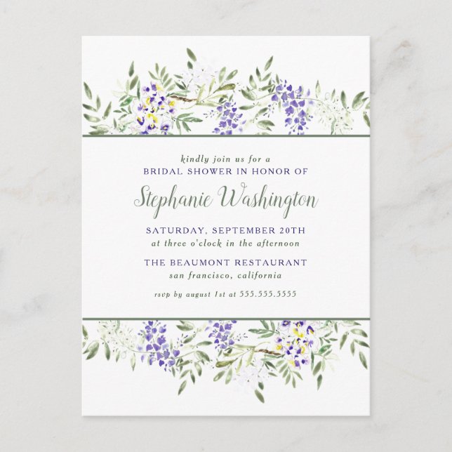 Purple Wisteria Watercolor Floral Bridal Shower Invitation Postcard (Front)