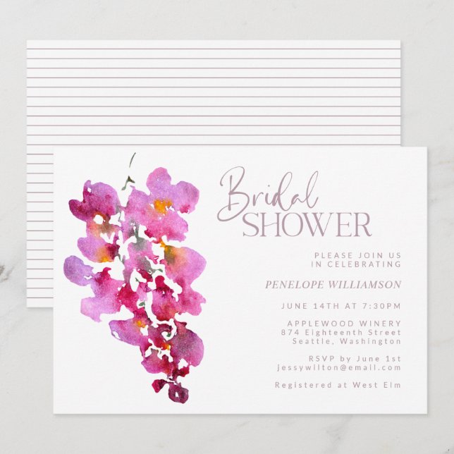 Purple Wisteria Watercolor Stripes Bridal Shower Invitation (Front/Back)