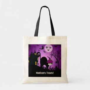 Purple Witch Black Cat Trick or Treat Tote Bag