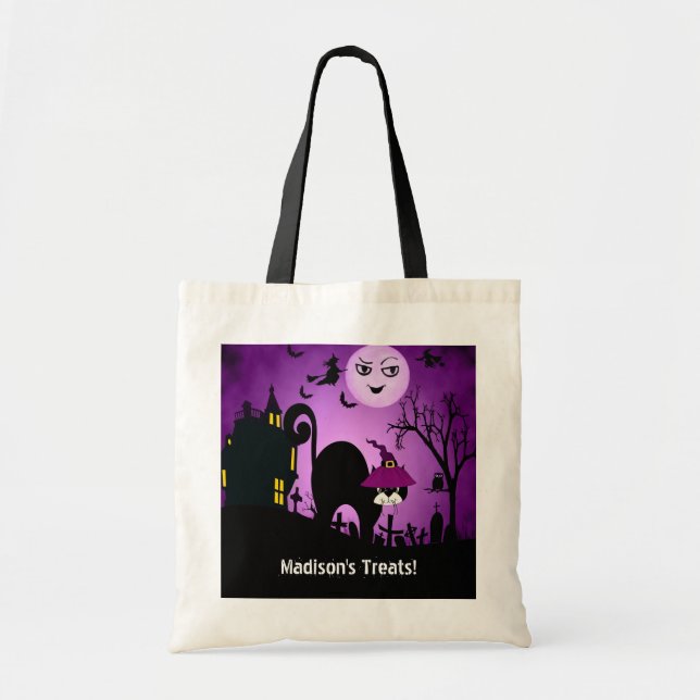 Purple Witch Black Cat Trick or Treat Tote Bag (Front)