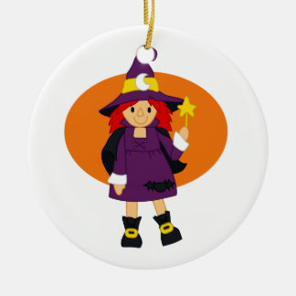 Purple witch cartoon orange behind ceramic tree decoration