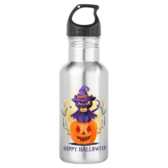 Purple Witch Cat on Pumpkin – Happy Halloween 532 Ml Water Bottle (Front)
