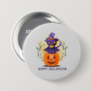 Purple Witch Cat on Pumpkin – Happy Halloween 7.5 Cm Round Badge