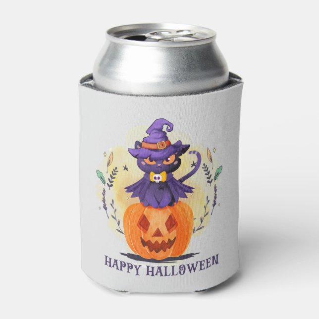 Purple Witch Cat on Pumpkin – Happy Halloween Can Cooler (Can Front)