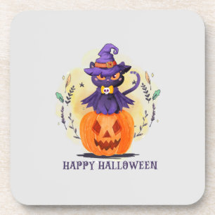Purple Witch Cat on Pumpkin – Happy Halloween Coaster