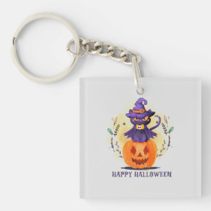 Purple Witch Cat on Pumpkin – Happy Halloween Key Ring