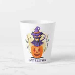 Purple Witch Cat on Pumpkin – Happy Halloween Latte Mug
