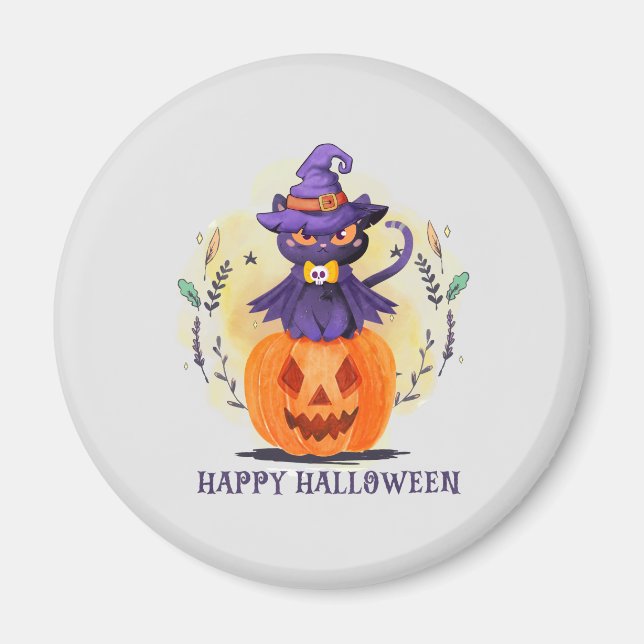 Purple Witch Cat on Pumpkin – Happy Halloween Magnet (Front)