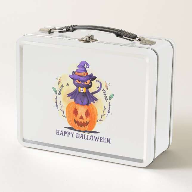 Purple Witch Cat on Pumpkin – Happy Halloween Metal Lunch Box (Front)