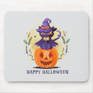 Purple Witch Cat on Pumpkin – Happy Halloween Mouse Mat