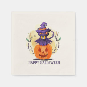 Purple Witch Cat on Pumpkin – Happy Halloween Napkin