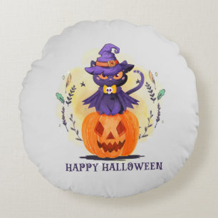 Purple Witch Cat on Pumpkin – Happy Halloween Round Cushion