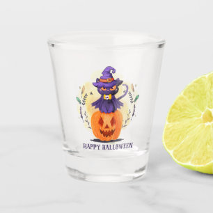 Purple Witch Cat on Pumpkin – Happy Halloween Shot Glass