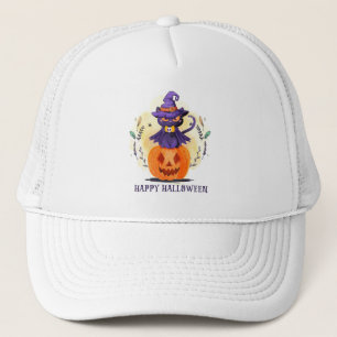 Purple Witch Cat on Pumpkin – Happy Halloween Trucker Hat