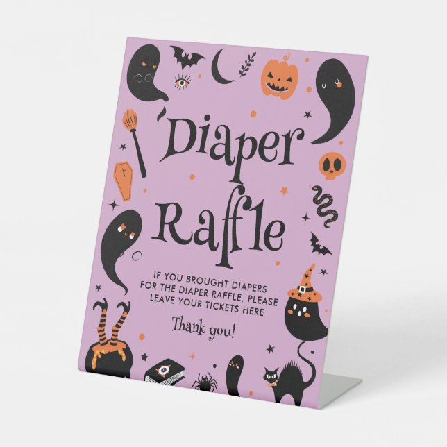 Purple Witch Halloween Baby Shower Diaper Raffle  Pedestal Sign (Front)