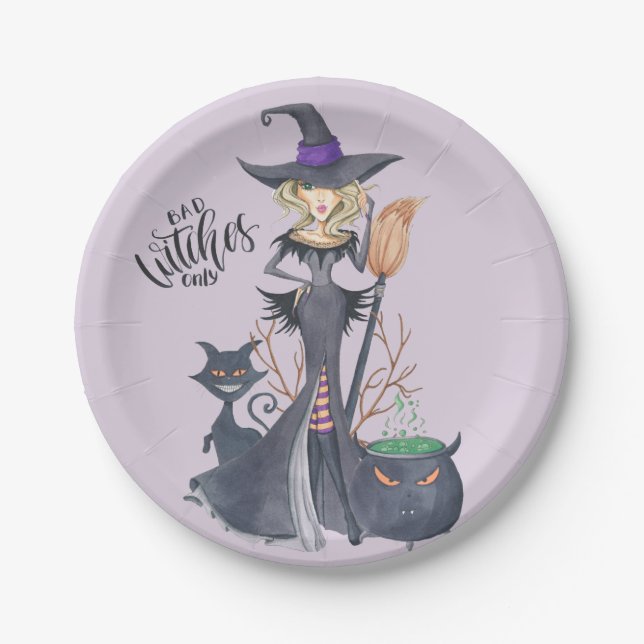 Purple Witch Hat Halloween Spooky Magical Party Paper Plate (Front)