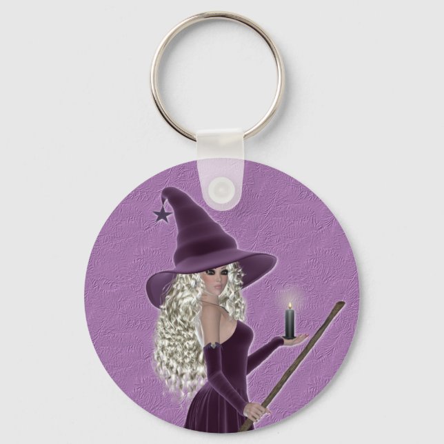 Purple Witch holding a Candle Key Ring (Front)