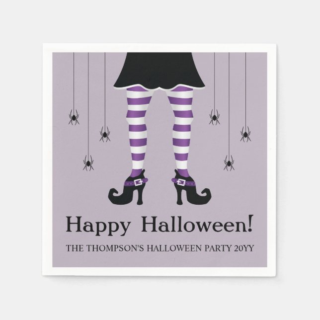 Purple Witch Legs And Spiders Happy Halloween Napkin (Front)