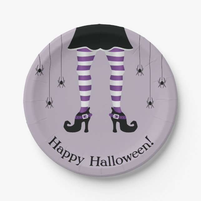 Purple Witch Legs And Spiders Happy Halloween Paper Plate (Front)