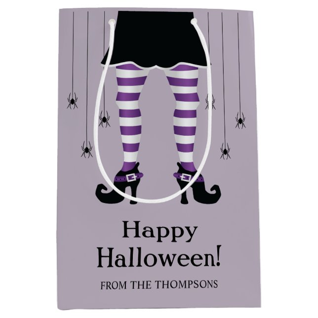 Purple Witch Legs And Spiders Happy Halloween Text Medium Gift Bag (Front)