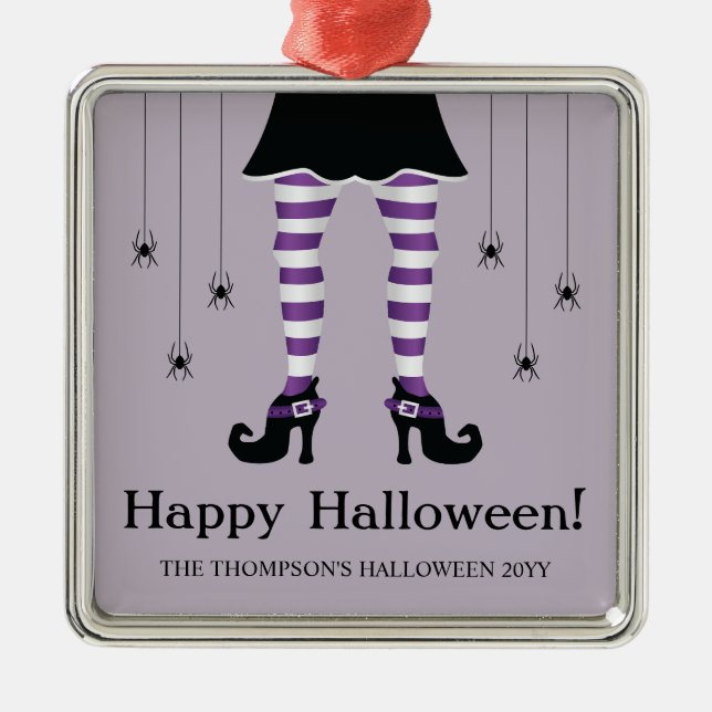Purple Witch Legs And Spiders Happy Halloween Text Metal Tree Decoration (Front)