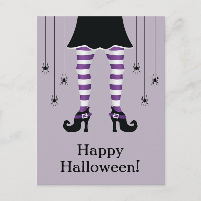 Purple Witch Legs And Spiders Happy Halloween Text Postcard (Front)