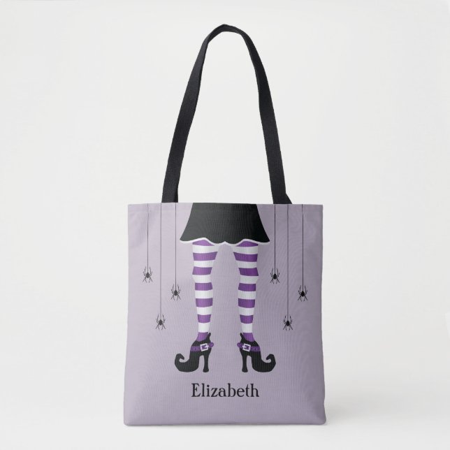 Purple Witch Legs And Spiders With Name Halloween Tote Bag (Front)