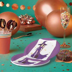 Purple Witch with Broom Paper Plate