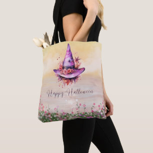 Purple Witches Hat Abstract Flowers Halloween Tote Bag