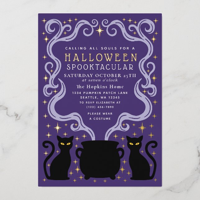 Purple Witchy Black Cat Cauldron Halloween Party (Front)