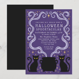 Purple Witchy Black Cat Cauldron Halloween Party Invitation