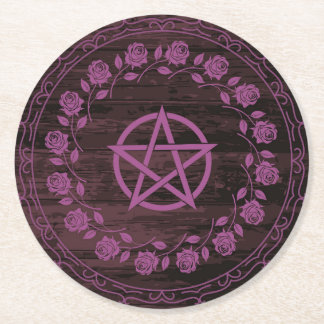 Purple Witchy Pentagram Rose Gothic Round Paper Coaster