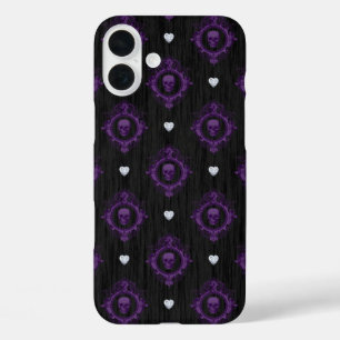 PURPLE WITH BLACK GOTHIC HALLOWEEN SKULLS iPhone 16 PLUS CASE