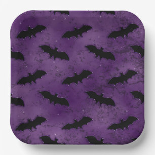 PURPLE WITH BLACK HALLOWEEN BATS PAPER PLATE