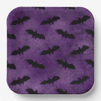 PURPLE WITH BLACK HALLOWEEN BATS PAPER PLATE