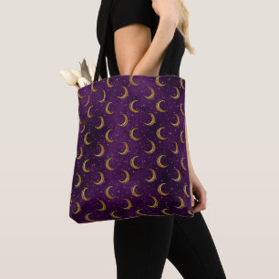PURPLE WITH GOLD HALLOWEEN MOONS TOTE BAG