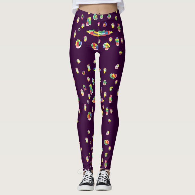 Purple with mixed coloured patterns rag patch art leggings (Front)