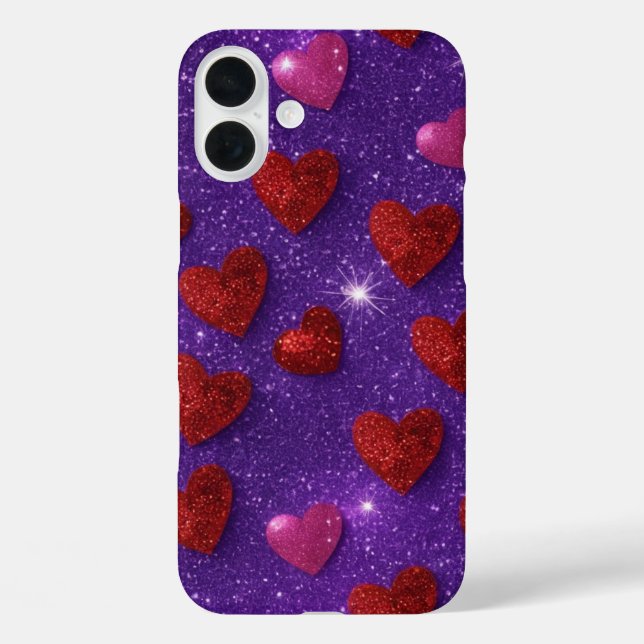 PURPLE WITH RED & PINK GLITTER LOOK HEARTS Case-Mate iPhone CASE (Back)