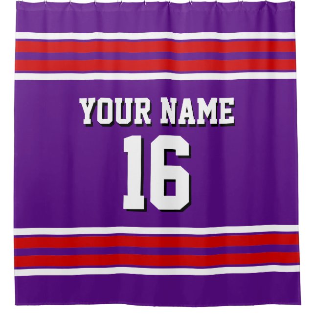 Purple with Red White Stripes Sports Jersey Shower Curtain (Front)