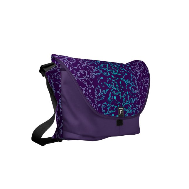 Purple With Turquoise Music Notes Messenger Bag (Front Left)