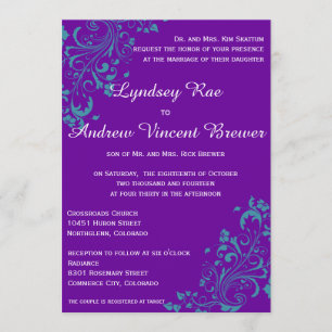 Purple with Turquoise Swirls Wedding Ivitation Invitation