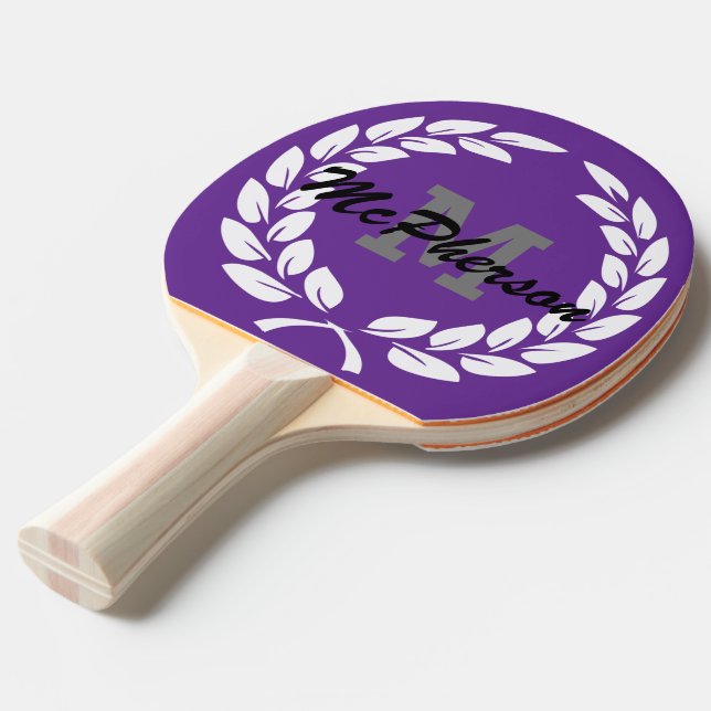 Purple with Victory Wreath and Monogram/Name Ping Pong Paddle (Front Angle)