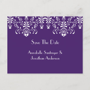 Purple with White Floral Swirls Save The Date Announcement Postcard