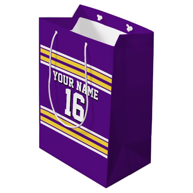 Purple with Yellow White Stripes Team Jersey Medium Gift Bag (Back Angled)